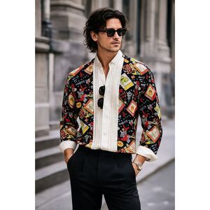 Vintage Nicole Miller Graphic 100% Silk Button Up Shirt Top  Mens Size 16.5